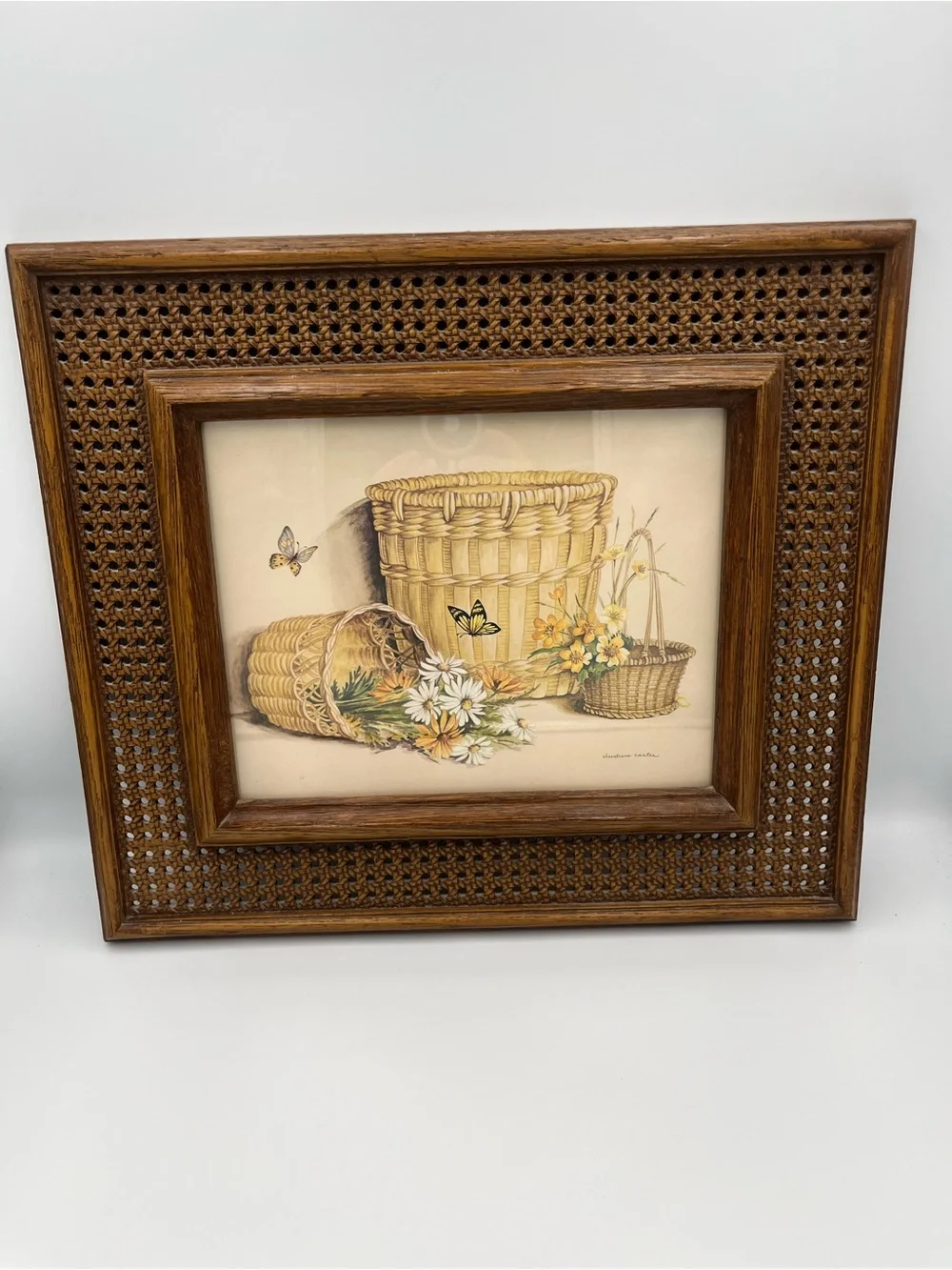 Vtg HOMCO CLAUDESSA CARTER PRINTS BUTTERFLY & FLOWERS FRAMED Wicker Wood Look